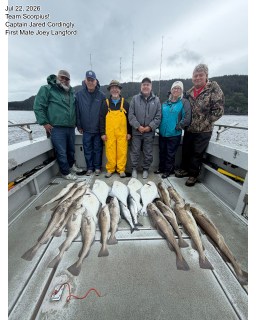 Our guests today battled winter in July!  But the effort yielded some halibut and load of of the original fish and chips, Pacific Cod!  Thanks tone everyone for braving the weather and putting in the work!