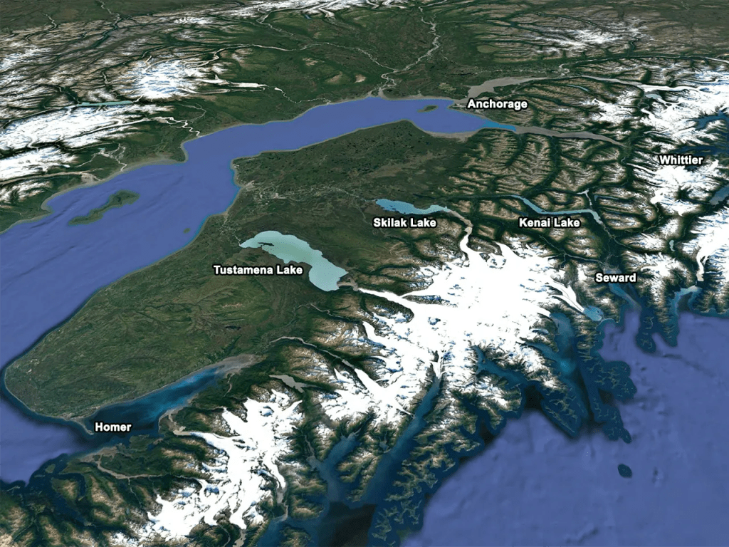 Kenai Peninsula Overview Showing Kenai Lake, Skilak Lake, Tustamena Lake, and the major cities of Anchorage, Seward, Whittier, and Homer